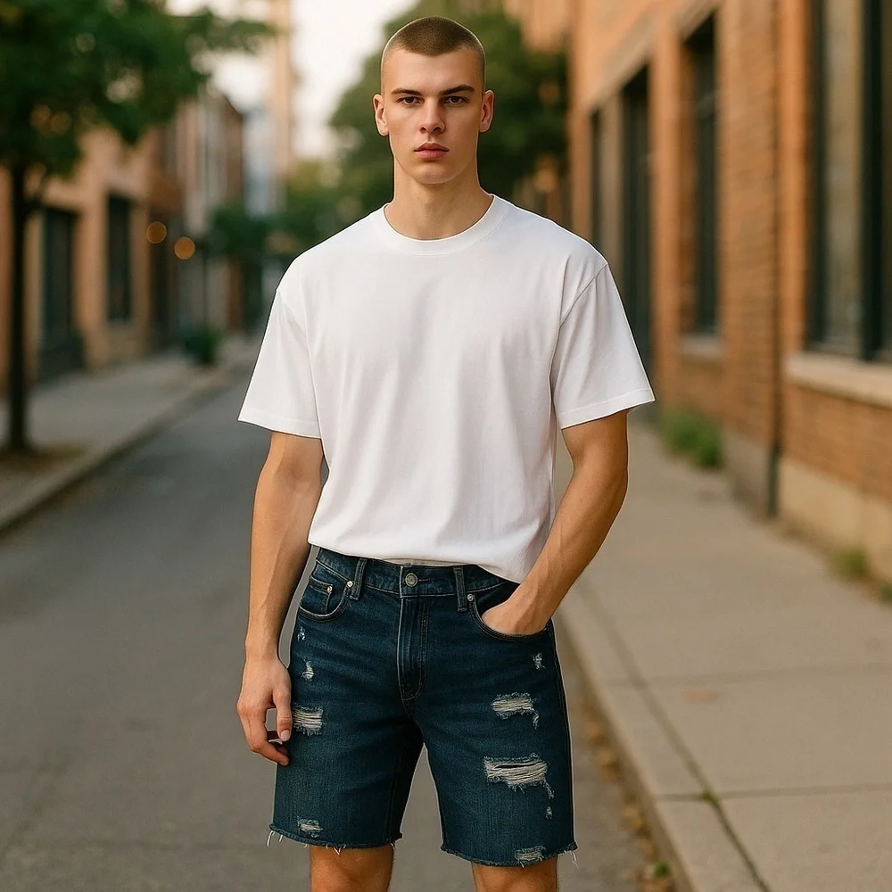 Abercrombie & Fitch Men Blue Distressed Button Fly Denim‎ Shorts
